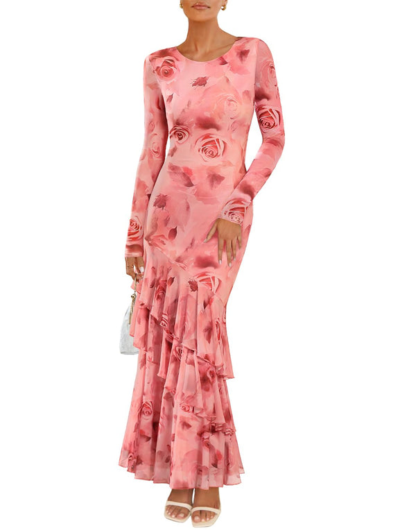 ZESICA Floral Bodycon Boho Long Sleeve Mesh Ruffle Mermaid Dress