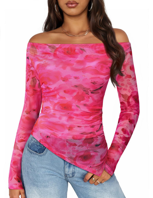 ZESICA Double Lined Sexy Long Sleeve Going Out Tops Floral Mesh Shirts