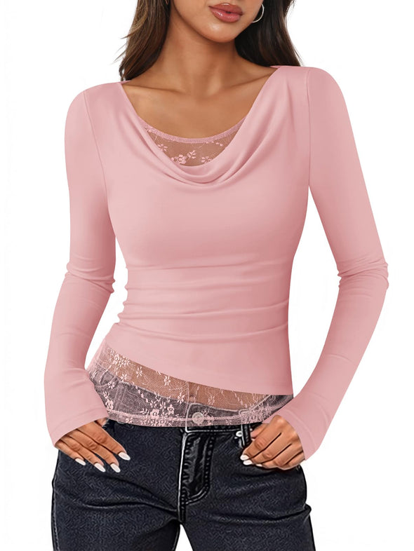 ZESICA Cowl Neck Lace Slim Fit Going Out Y2k Knit Shirts Blouses