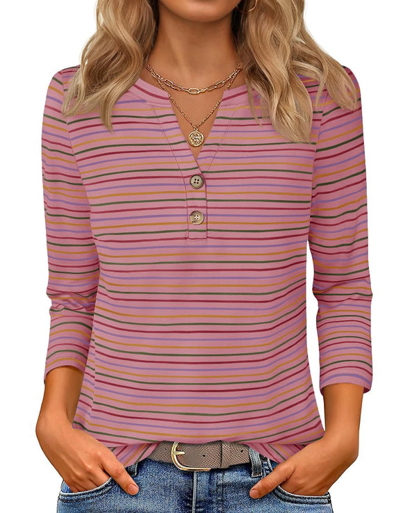 ZESICA Boho Striped Henley Shirts 3/4 Sleeve Tops Casual Blouses