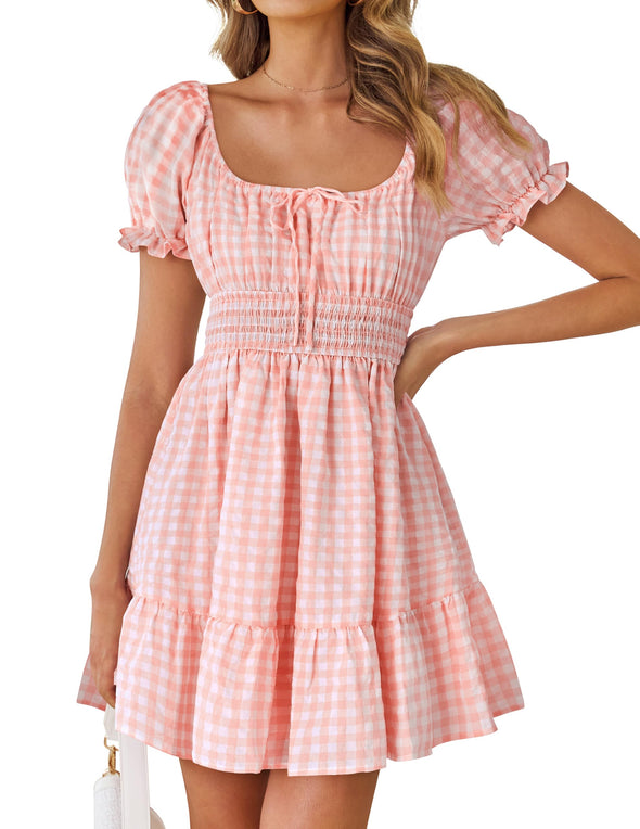 ZESICA Square Neck Puff Sleeve Plaid Ruffle Flowy Smocked Dresses