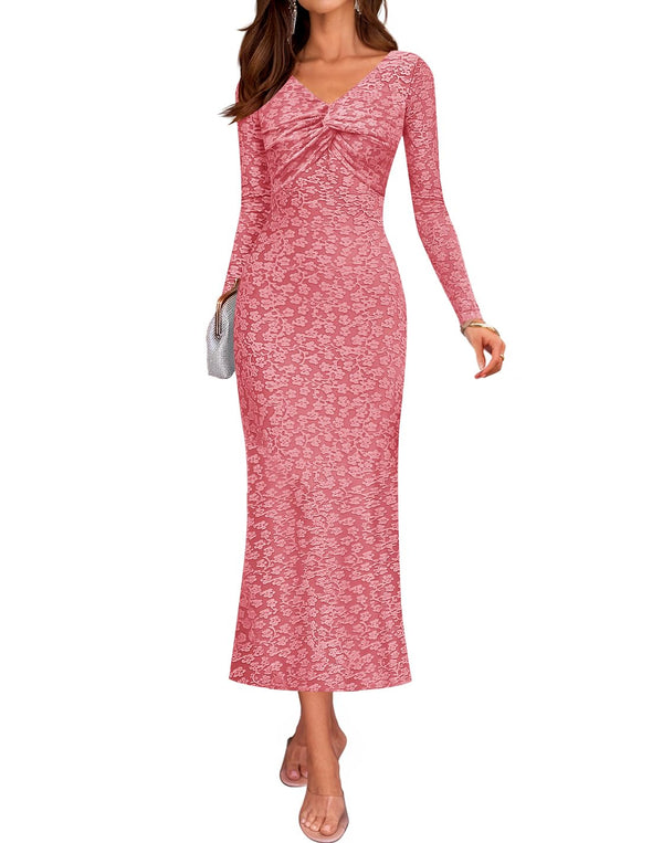 ZESICA Floral Long Sleeve Bodycon Boho V Neck Cocktail PartyDresses