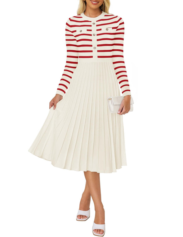 ZESICA Striped Crewneck Button Ribbed Knit Sweater Dress