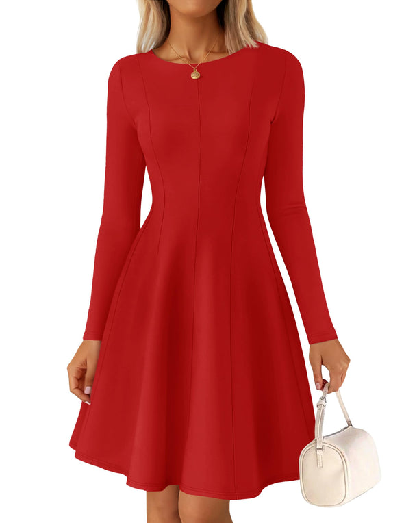 ZESICA Fall Crewneck Pleated Babydoll A Line Flowy Dresses