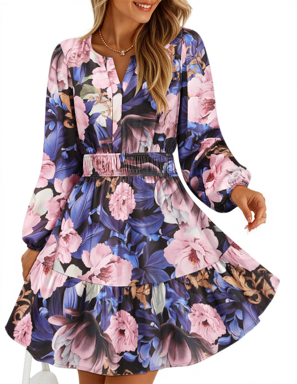 ZESICA Floral V Neck Smocked A Line Flowy Boho Mini Dresses