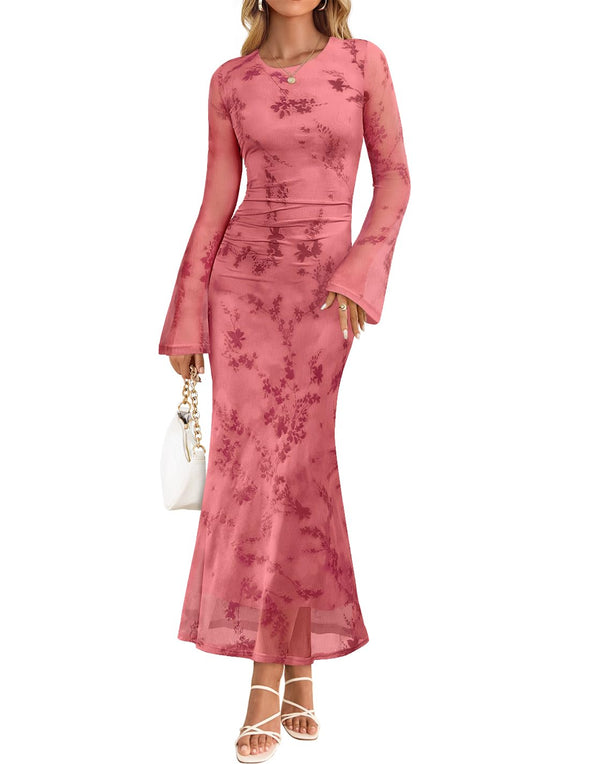 ZESICA Floral Bodycon Ruched Mesh Wedding Cocktail Dresses