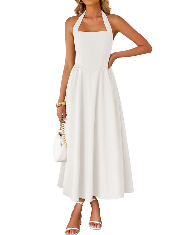 ZESICA Sleeveless Halter Off Shoulder High Waist Beach Long Dresses