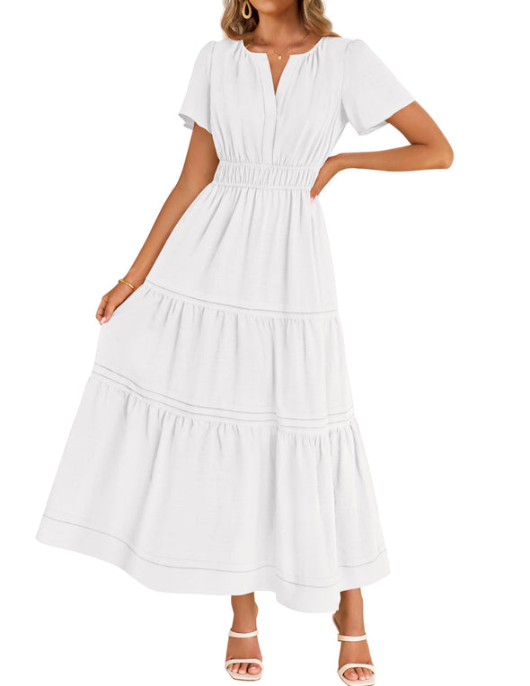 ZESICA Short Sleeve V Neck Elastic Waist Tiered Flowy Boho Dress