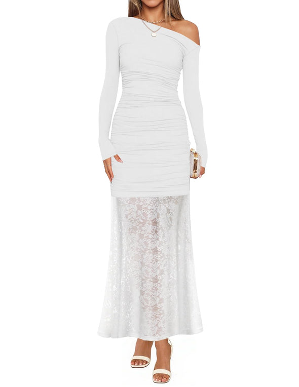 ZESICA Off Shoulder Bodycon Ruched Lace Wedding Guest Cocktail Dress