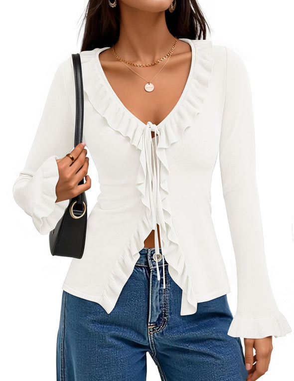 ZESICA Fall Tie Front Bow Bell V Neck Ruffled Knit Cropped Trendy Tops