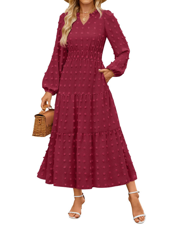 ZESICA Boho V Neck Swiss Dot Tiered Flowy Swing Dress