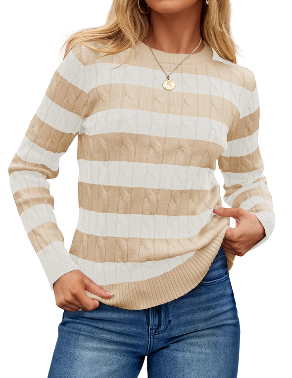 ZESICA Casual Striped Cable Knit Loose Chunky Pullover Sweater