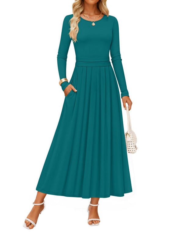 ZESICA Elegant Crewneck Knit High Wasit Pleated Flowy A Line Dresses