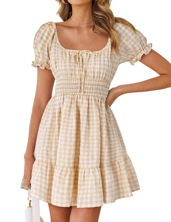 ZESICA Square Neck Puff Sleeve Plaid Ruffle Flowy Smocked Dresses