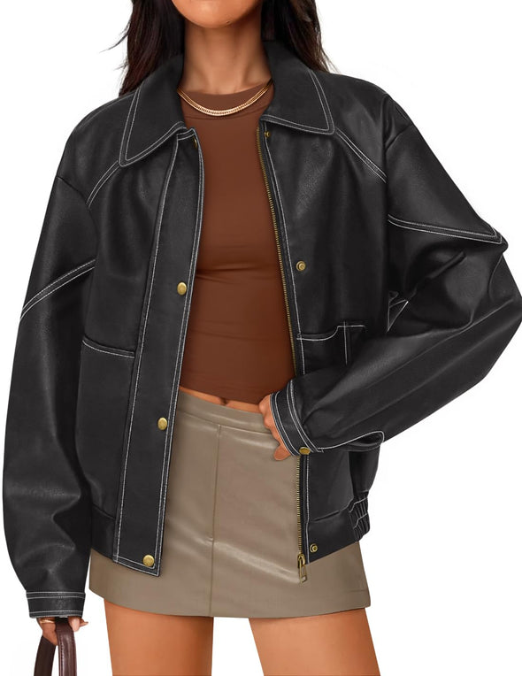 ZESICA Faux Leather Jacket Oversized Zipper Motorcycle Coats
