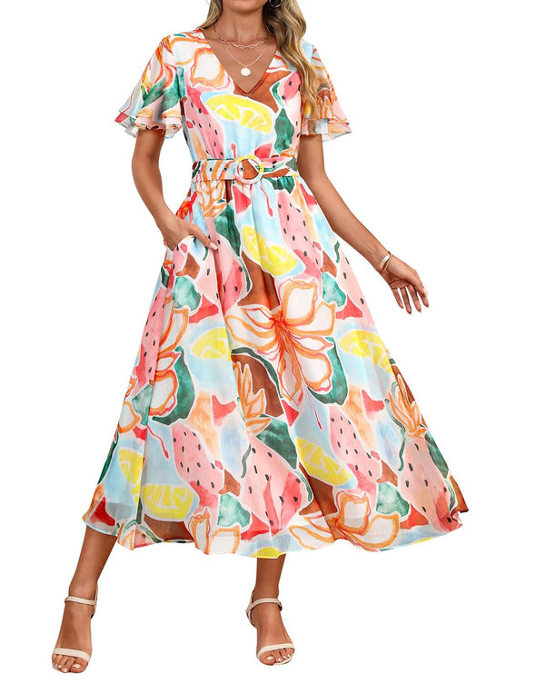 ZESICA Floral Print Short Sleeve V Neck High Waist Flowy Dress