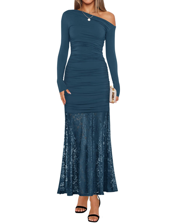 ZESICA Off Shoulder Bodycon Ruched Lace Wedding Guest Cocktail Dress