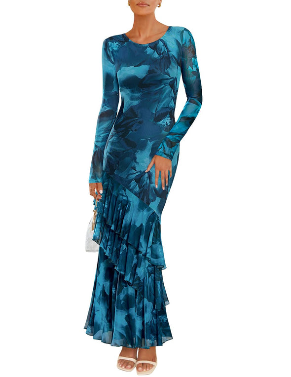 ZESICA Floral Bodycon Boho Long Sleeve Mesh Ruffle Mermaid Dress