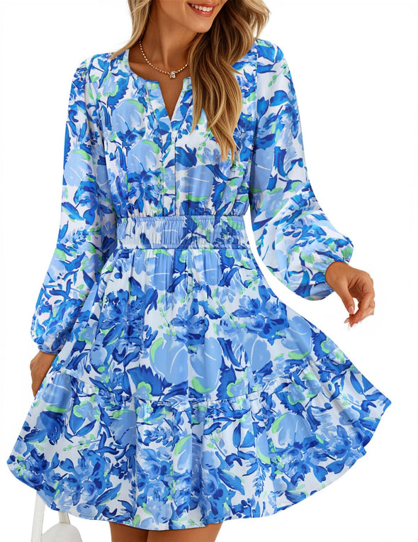 ZESICA Floral V Neck Smocked A Line Flowy Boho Mini Dresses