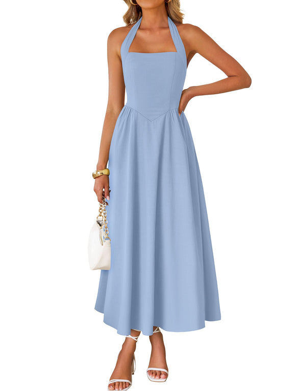 ZESICA Sleeveless Halter Off Shoulder High Waist Beach Long Dresses