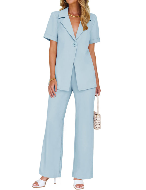 ZESICA Short Sleeve Blazer Jacket and Wide Leg Pants Sets