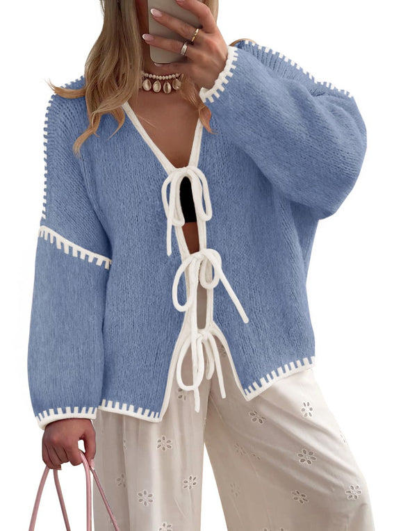 ZESICA Tie Front Bow Knit Color Block Fall Winter Clothing Coats