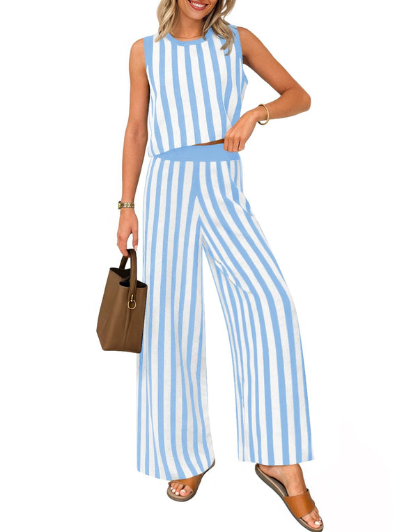 ZESICA Two Piece Outfits Crop Tank Tops and Wide Leg Pants Striped Sets