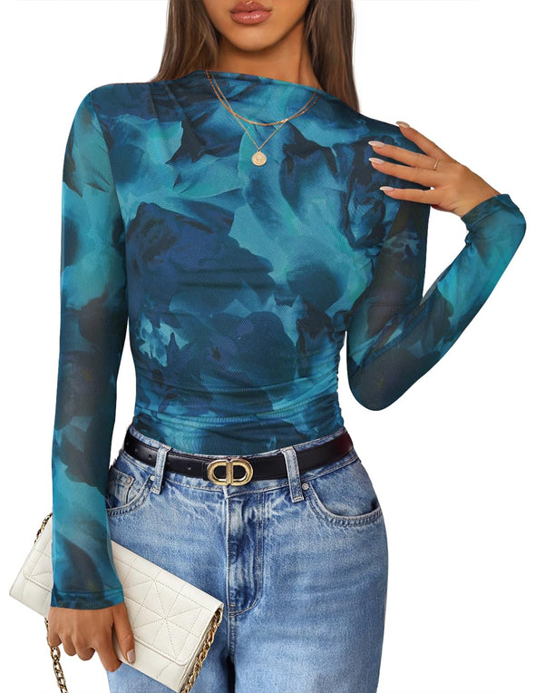 ZESICA Floral Fall Mesh Mock Neck Ruched Fitted Shirts