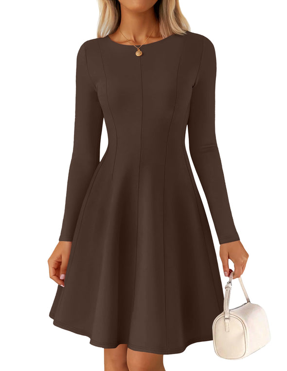 ZESICA Fall Crewneck Pleated Babydoll A Line Flowy Dresses