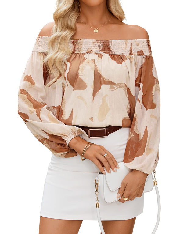 ZESICA Off Shoulder Floral Chiffon Loose Dressy Blouses