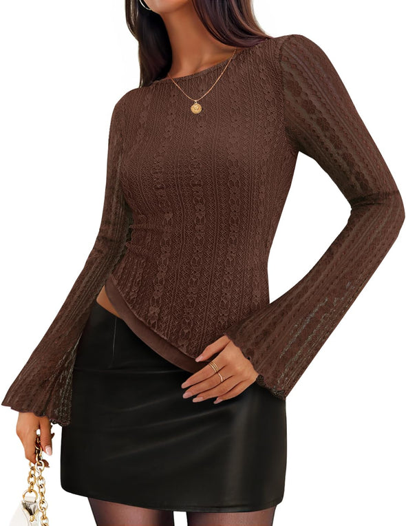 ZESICA Lace Mesh Double Lined Boat Neck Slim Fit Asymmetrical Tops