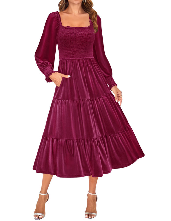 ZESICA Velvet L Neck Smocked Ruffle A Line Flowy Midi Dress