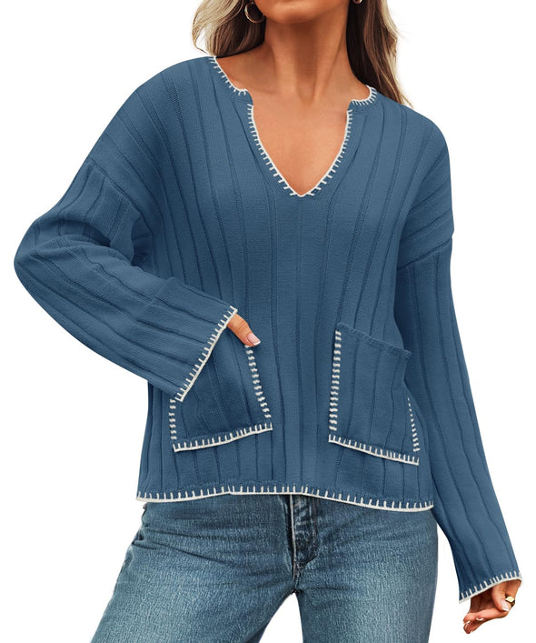 ZESICA Women's Ribbed V Neck Long Sleeve Sweaters