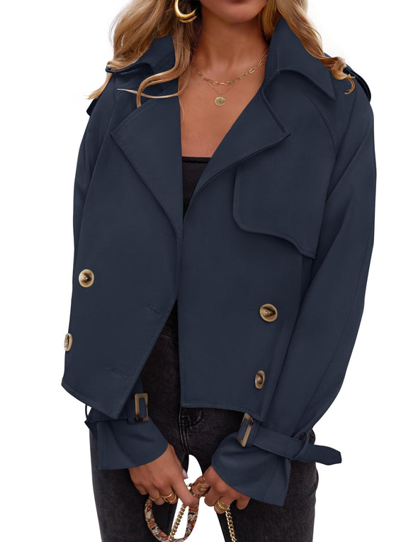 ZESICA Crop Trench Coat Lapel Double Breasted Loose Casual Jacket