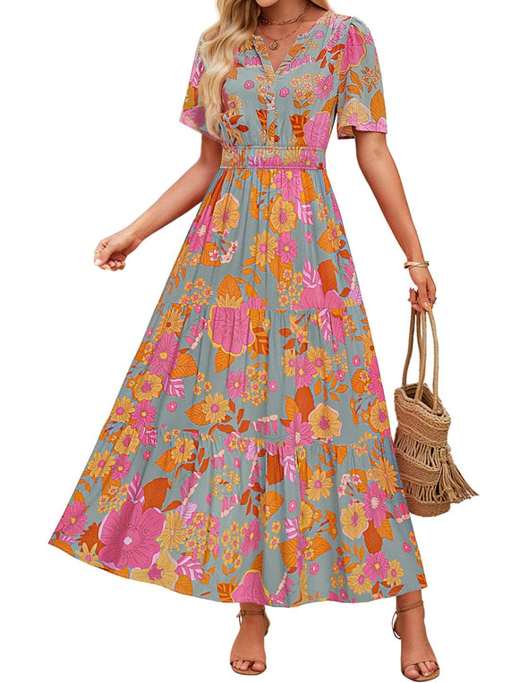 ZESICA Floral Print Short Sleeve V Neck High Waist Boho Dress