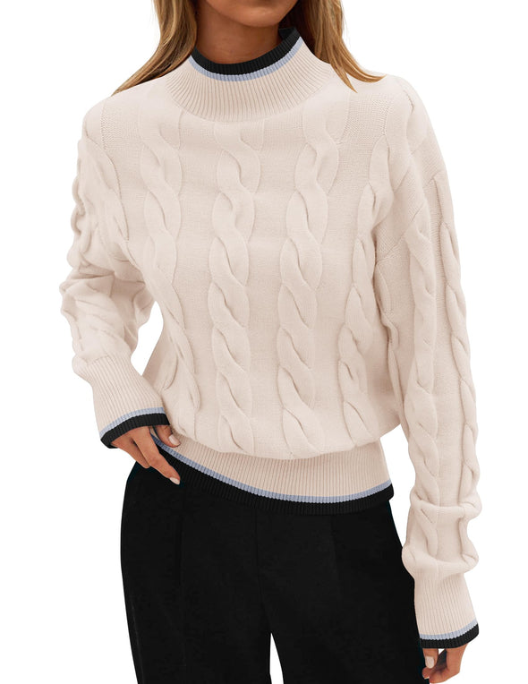 ZESICA Cable Knit Contrast Color Chunky Pullover Sweater