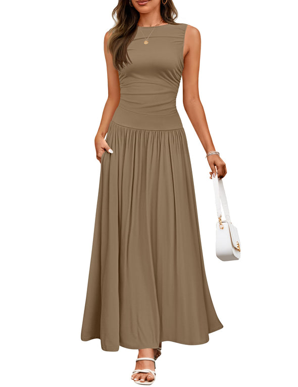 ZESICA Casual Crewneck Pleated Flowy Long Dress with Pockets