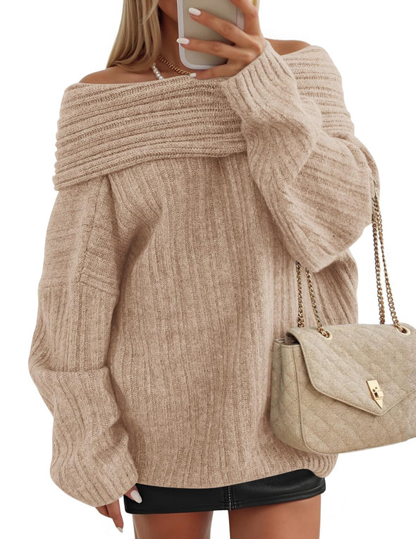 ZESICA Off The Shoulder Sweater Oversized Winter Ribbed Knit Tops