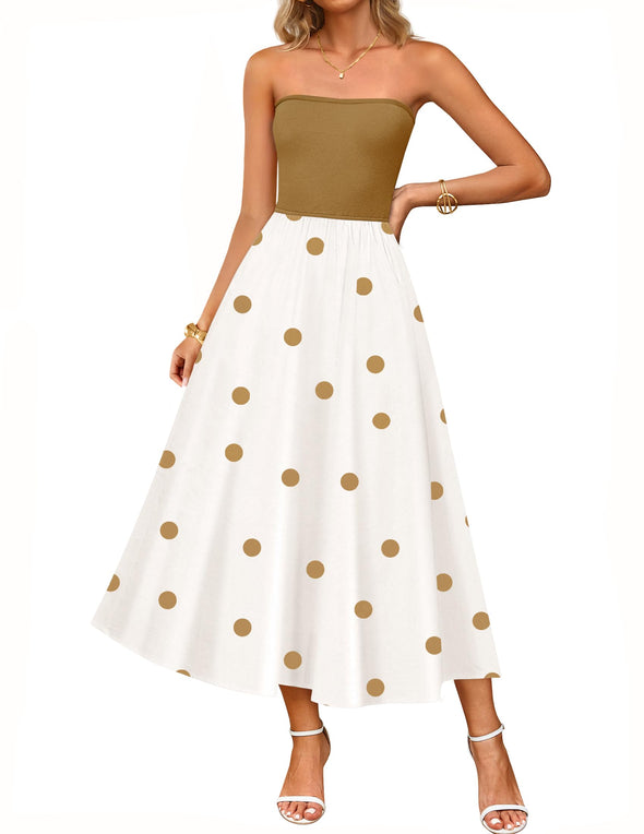 ZESICA Boho Strapless Off Shoulder Polka Dot Printed Flowy Long Dresses