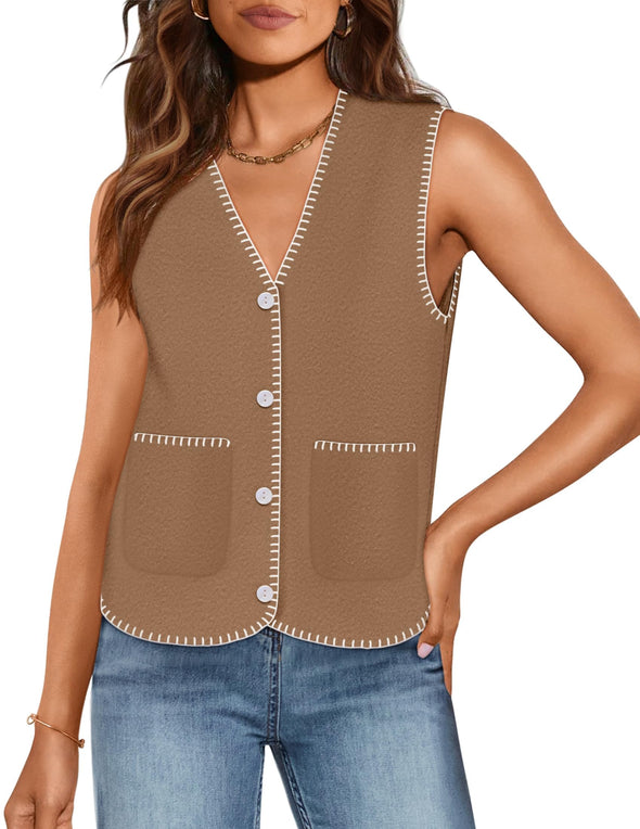 ZESICA Vest V Neck Knit Button Down Loose Crop Tank Tops