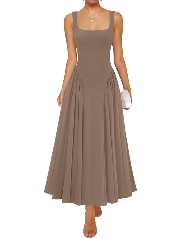 ZESICA Sleeveless Square Neck Casual Long Flowy A Line Dresses