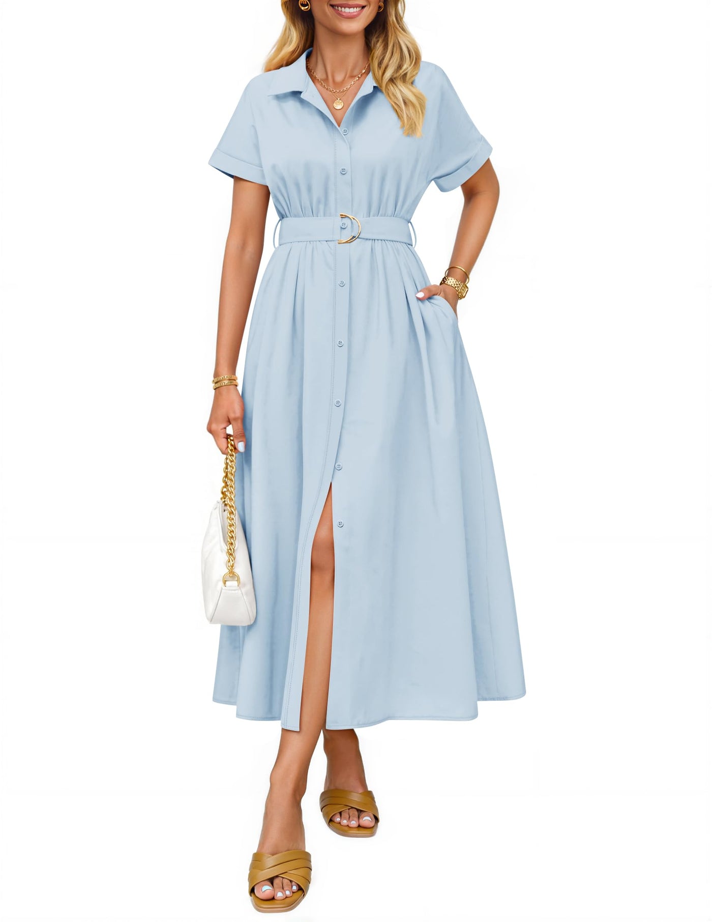 ZESICA Button Down A Line Belt Buiness Casual Shirt Dresses zesica ZESICA Button Down A Line Belt Buiness Casual Shirt Dresses zesica
