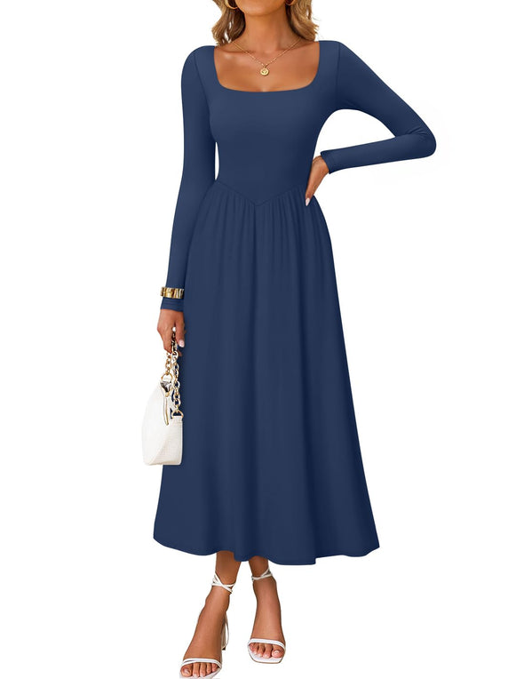 ZESICA Elegant Classy Square Neck Flowy Wedding Guest Dress