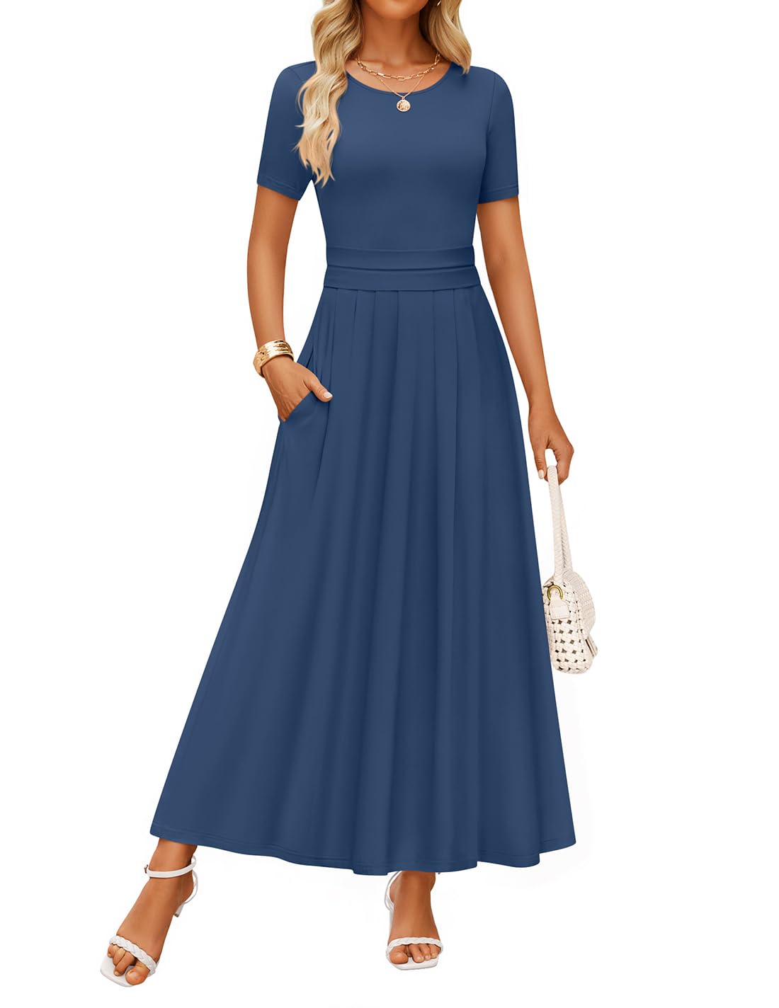 ZESICA Short Sleeve Crewneck Pleated A Line Flowy Long Dresses zesica ZESICA Short Sleeve Crewneck Pleated A Line Flowy Long Dresses zesica