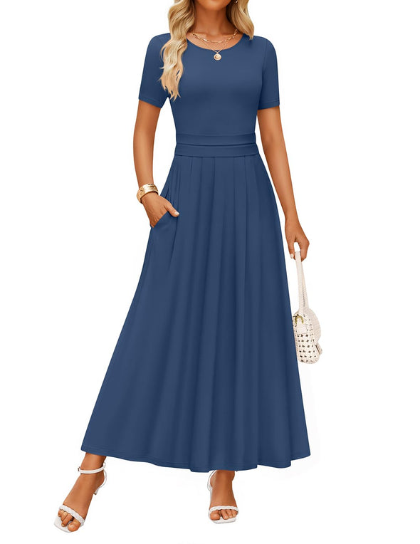 ZESICA Short Sleeve Crewneck Pleated A Line Flowy Long Dresses