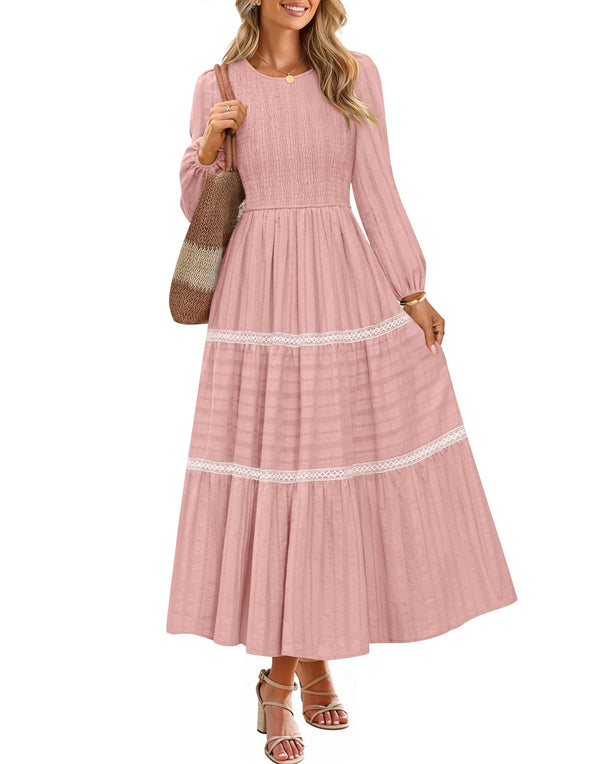 ZESICA Crewneck Smocked A Line Tiered Flowy Wedding Long Dress
