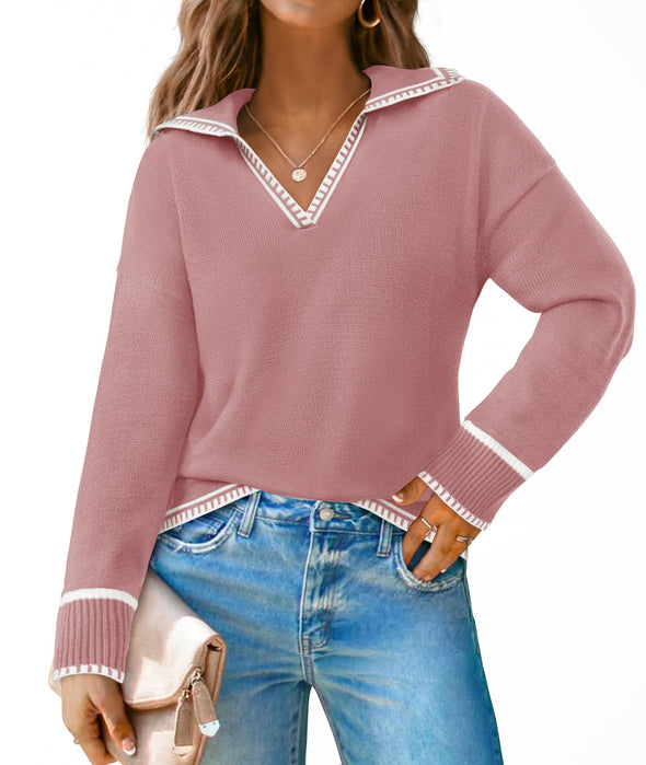 ZESICA V Neck Sweaters Collar Knit Pullover Jumper Tops