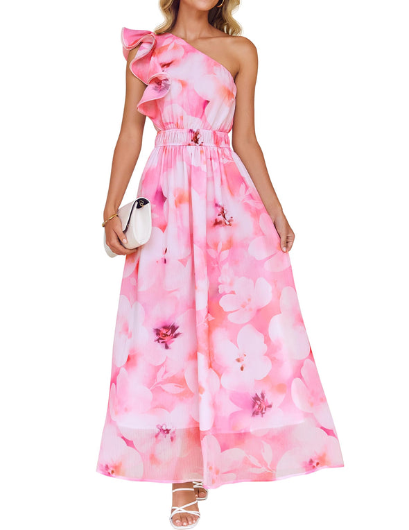 ZESICA Boho Floral Sleeveless Ruffle One Shoulder Elatsic Dresses