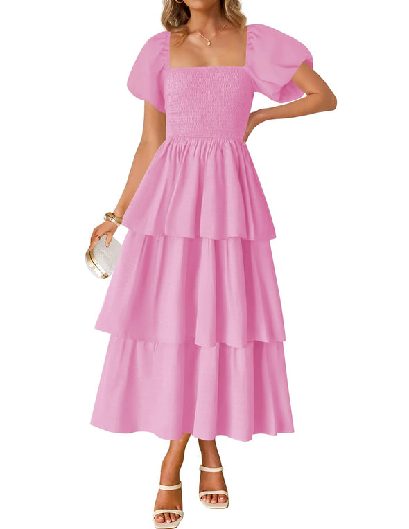 ZESICA Boho Short Puff Sleeve Flowy A Line Tiered Dresses