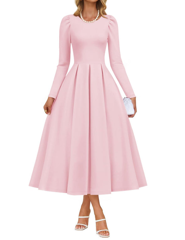 ZESICA Fall Elegant Crewneck Swing A Line Wedding Party Dress